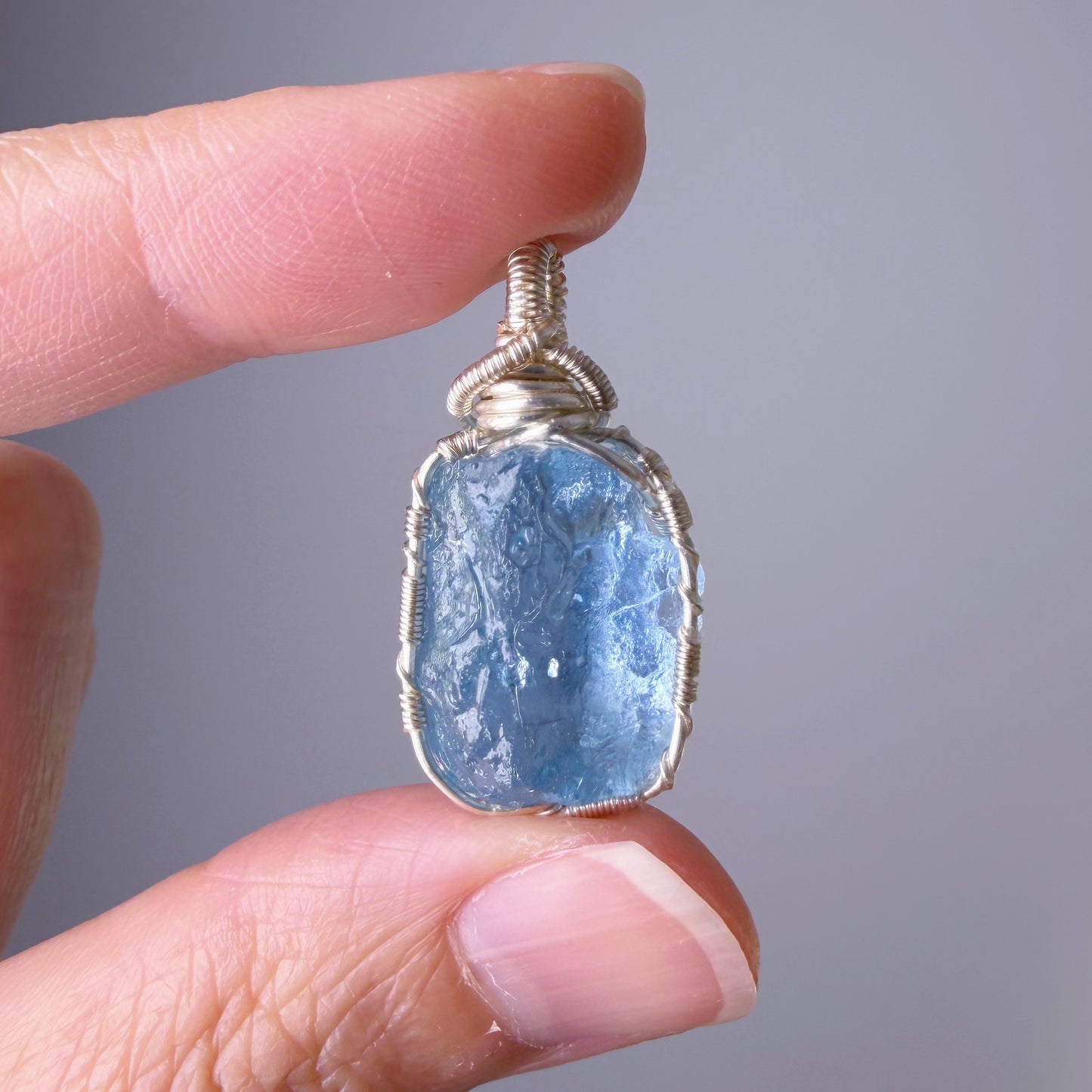 Quartzberry - Natural Blue Aquamarine Crystal Drop Shape Wire Wrapped Necklace - One-of-a-kind