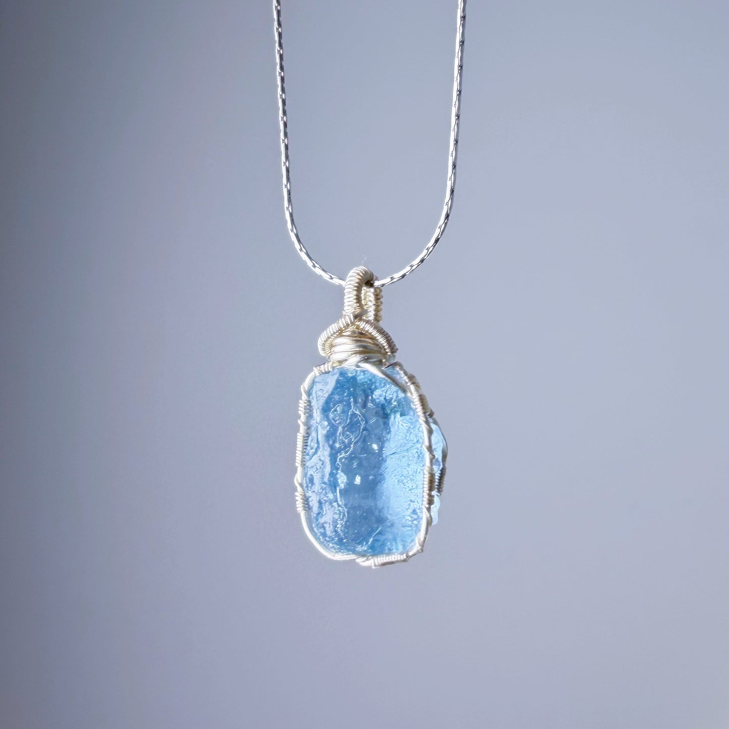 Quartzberry - Natural Blue Aquamarine Crystal Drop Shape Wire Wrapped Necklace - One-of-a-kind