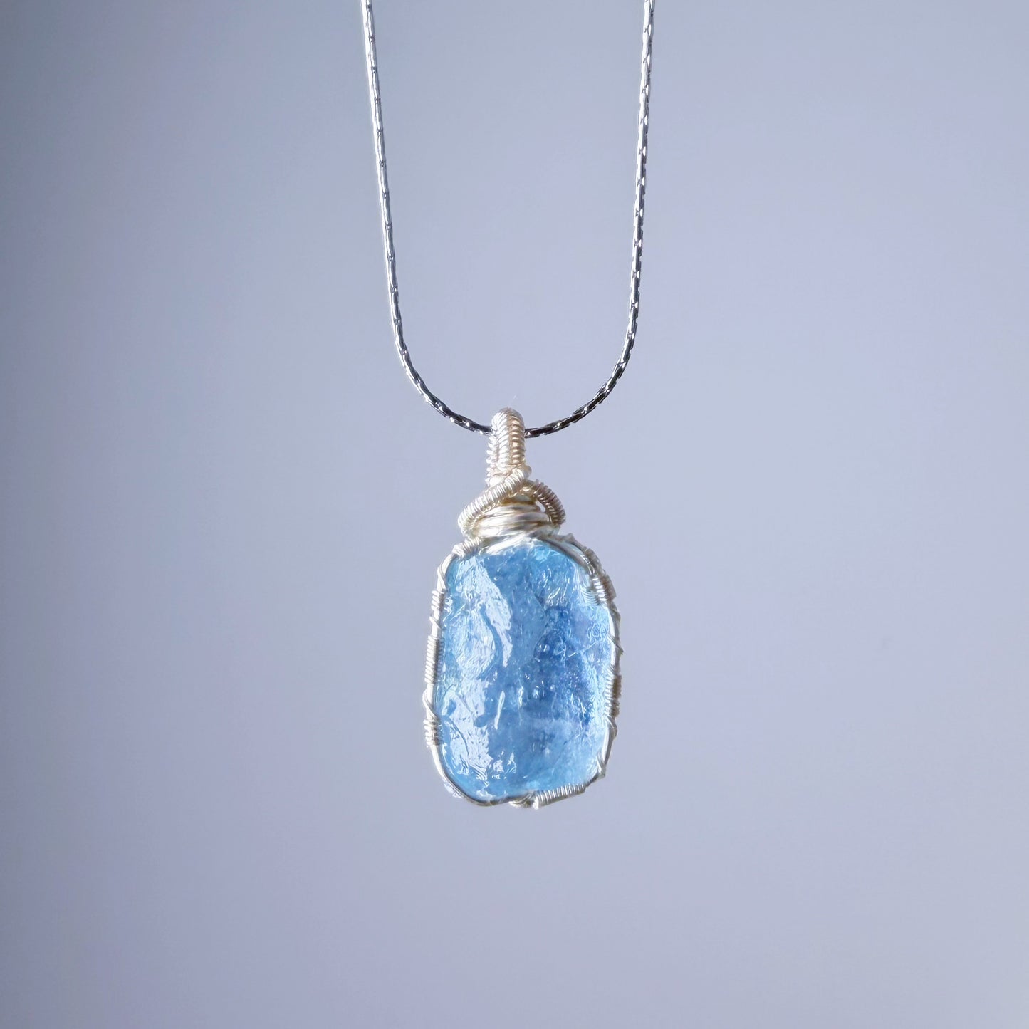 Quartzberry - Natural Blue Aquamarine Crystal Drop Shape Wire Wrapped Necklace - One-of-a-kind