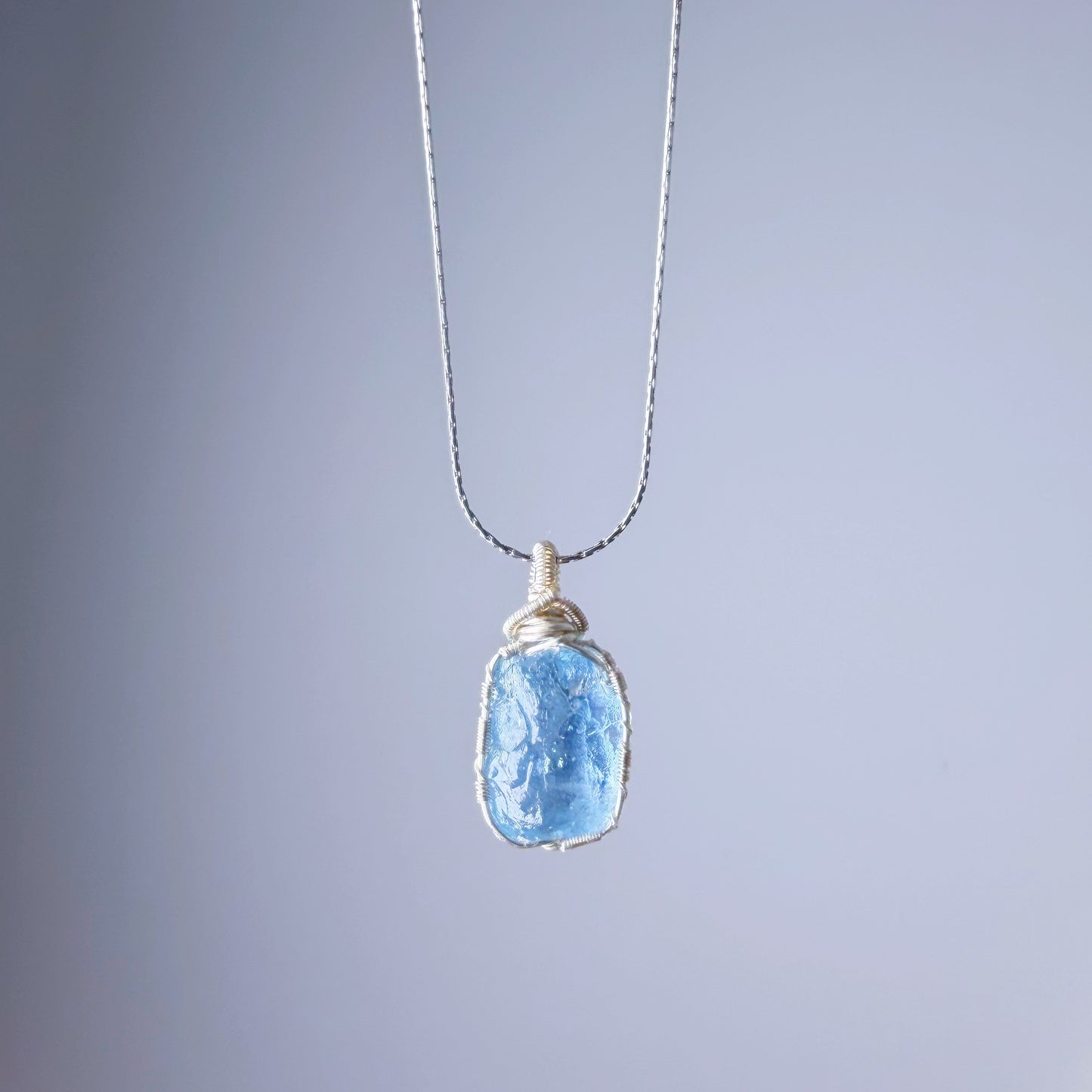 Quartzberry - Natural Blue Aquamarine Crystal Drop Shape Wire Wrapped Necklace - One-of-a-kind