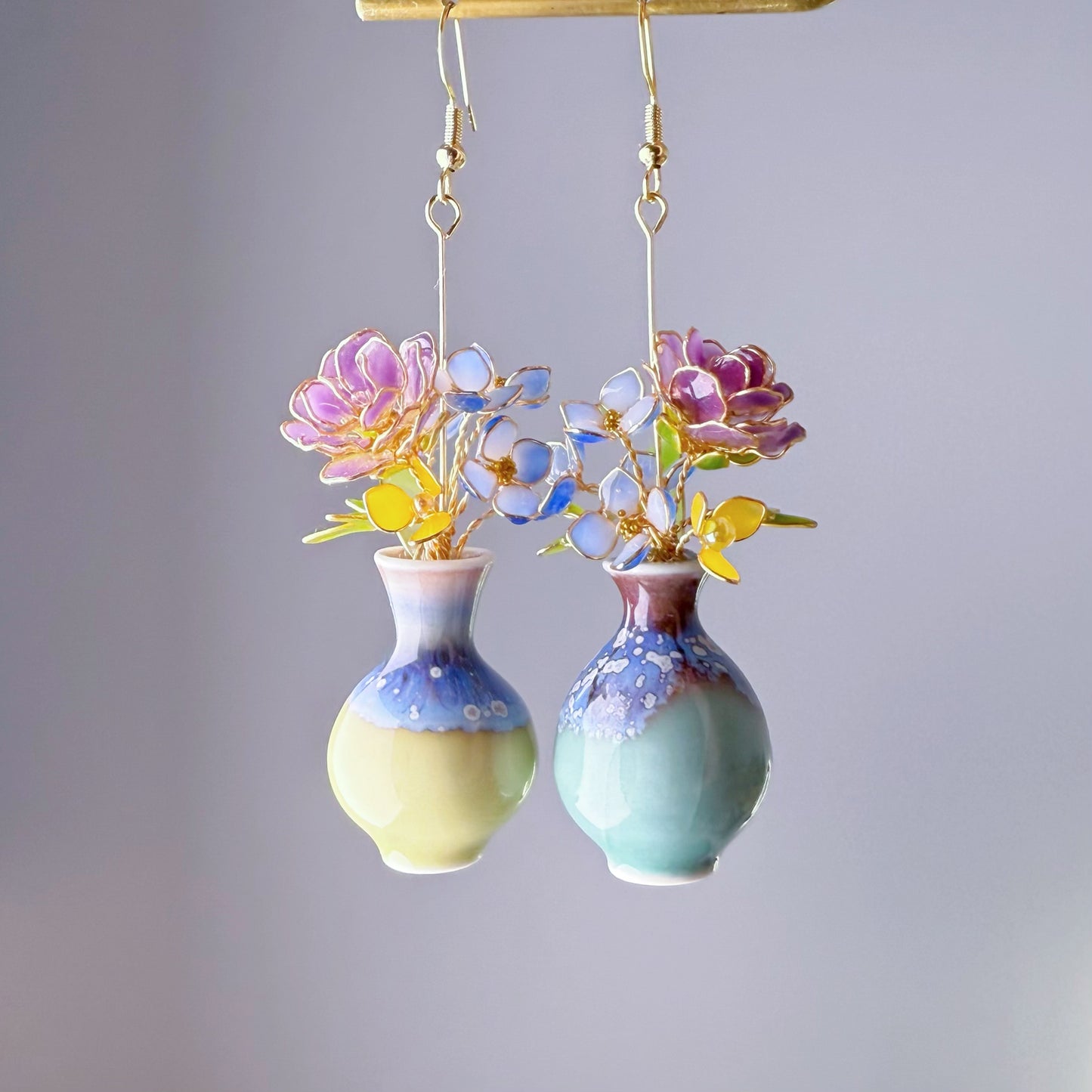 Handmade Purple Roses and Hydrangeas Flowers in Ceramic Vase Earrings
