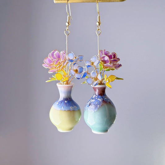 Handmade Purple Roses and Hydrangeas Flowers in Ceramic Vase Earrings