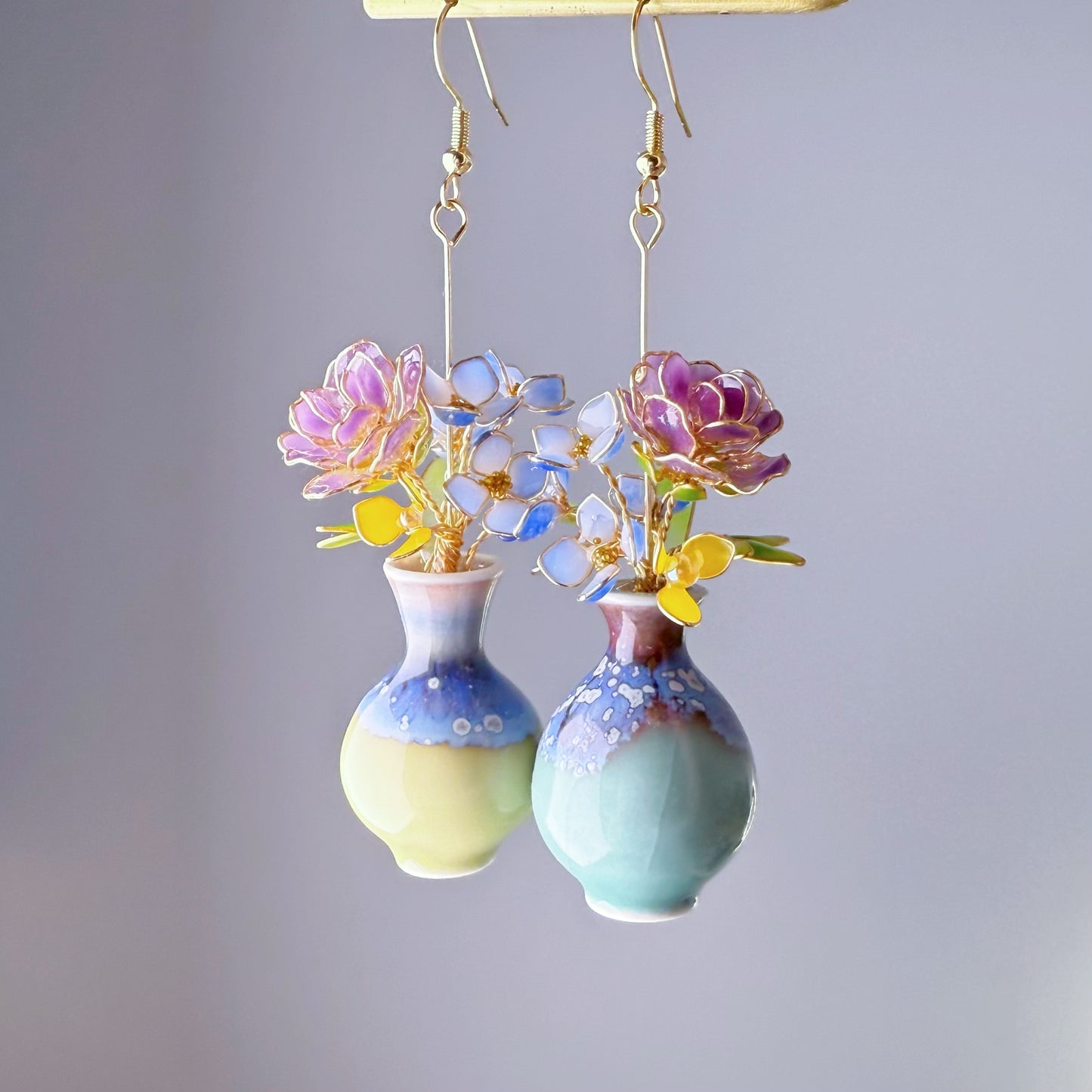 Handmade Purple Roses and Hydrangeas Flowers in Ceramic Vase Earrings