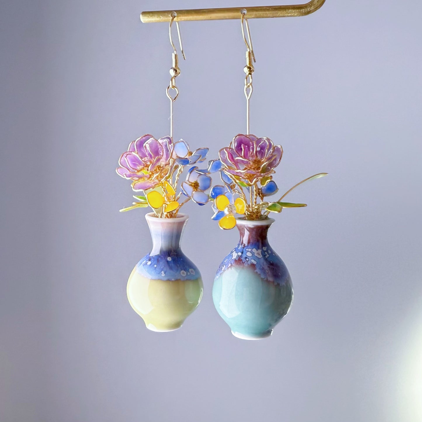 Handmade Purple Roses and Hydrangeas Flowers in Ceramic Vase Earrings