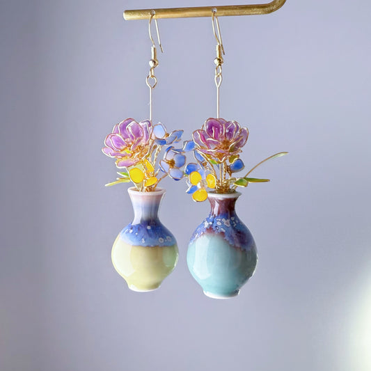 Handmade Purple Roses and Hydrangeas Flowers in Ceramic Vase Earrings