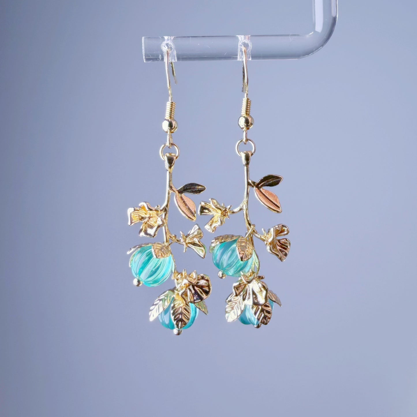 Handmade Green Quartz Crystal Pumpkin on Vine Dangle Earrings