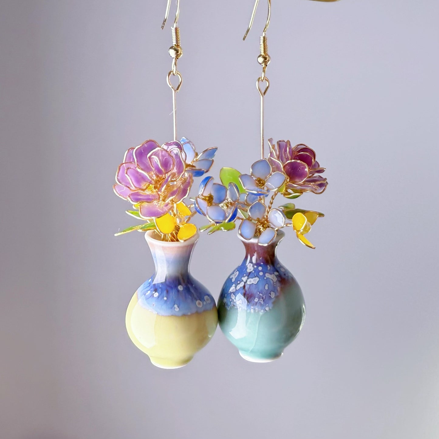 Handmade Purple Roses and Hydrangeas Flowers in Ceramic Vase Earrings