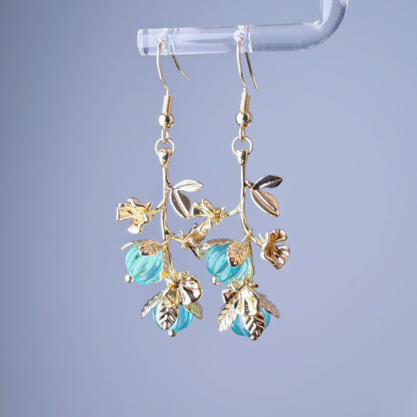 Handmade Green Quartz Crystal Pumpkin on Vine Dangle Earrings