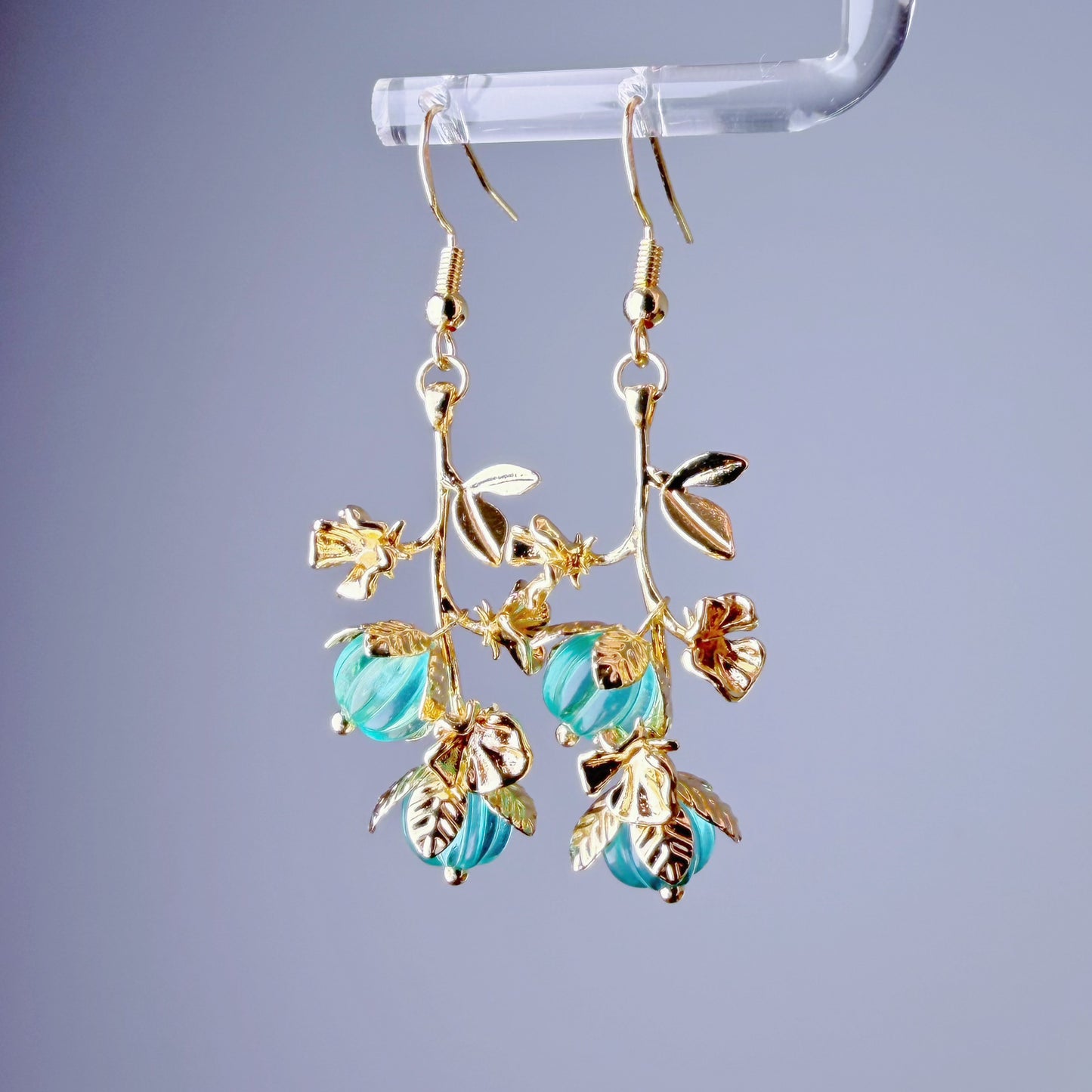 Handmade Green Quartz Crystal Pumpkin on Vine Dangle Earrings