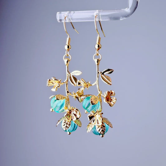 Handmade Green Quartz Crystal Pumpkin on Vine Dangle Earrings