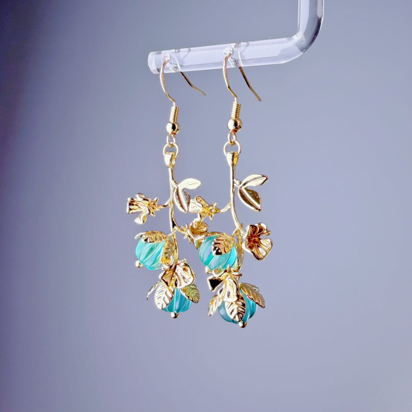 Handmade Green Quartz Crystal Pumpkin on Vine Dangle Earrings