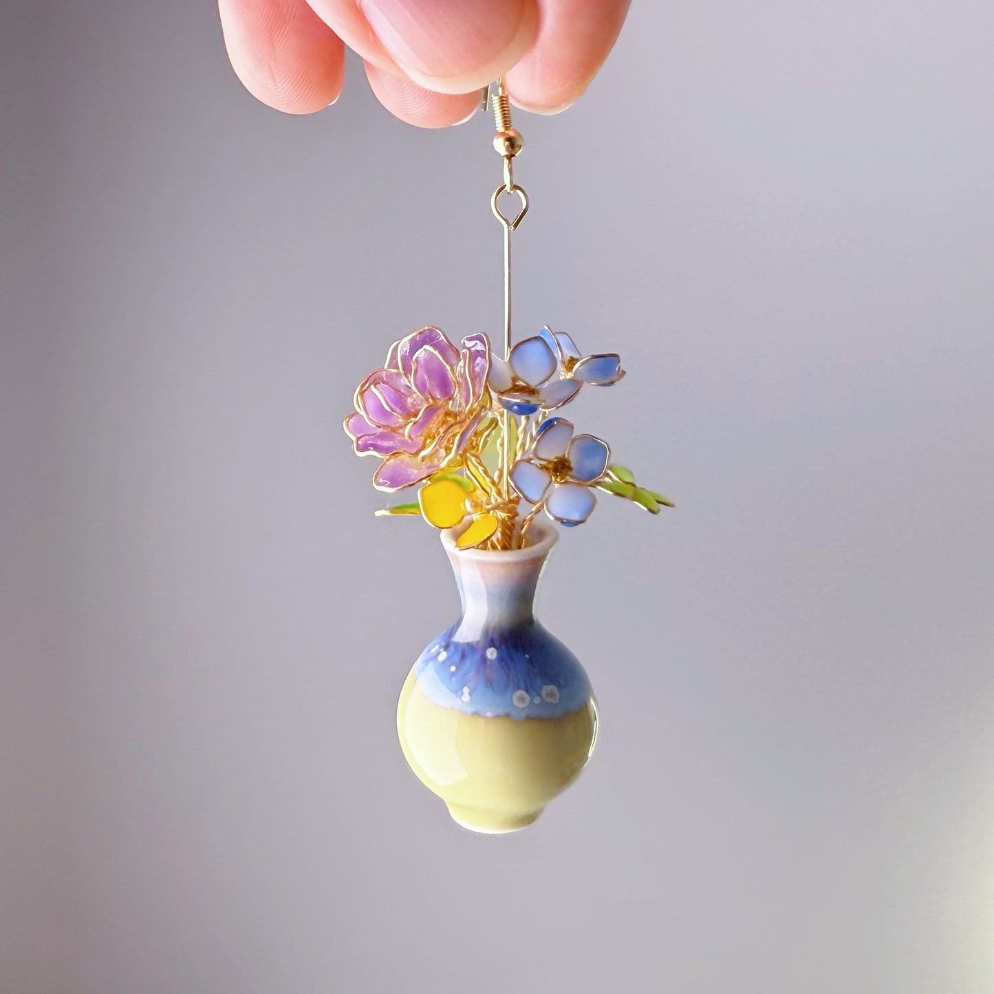 Handmade Purple Roses and Hydrangeas Flowers in Ceramic Vase Earrings
