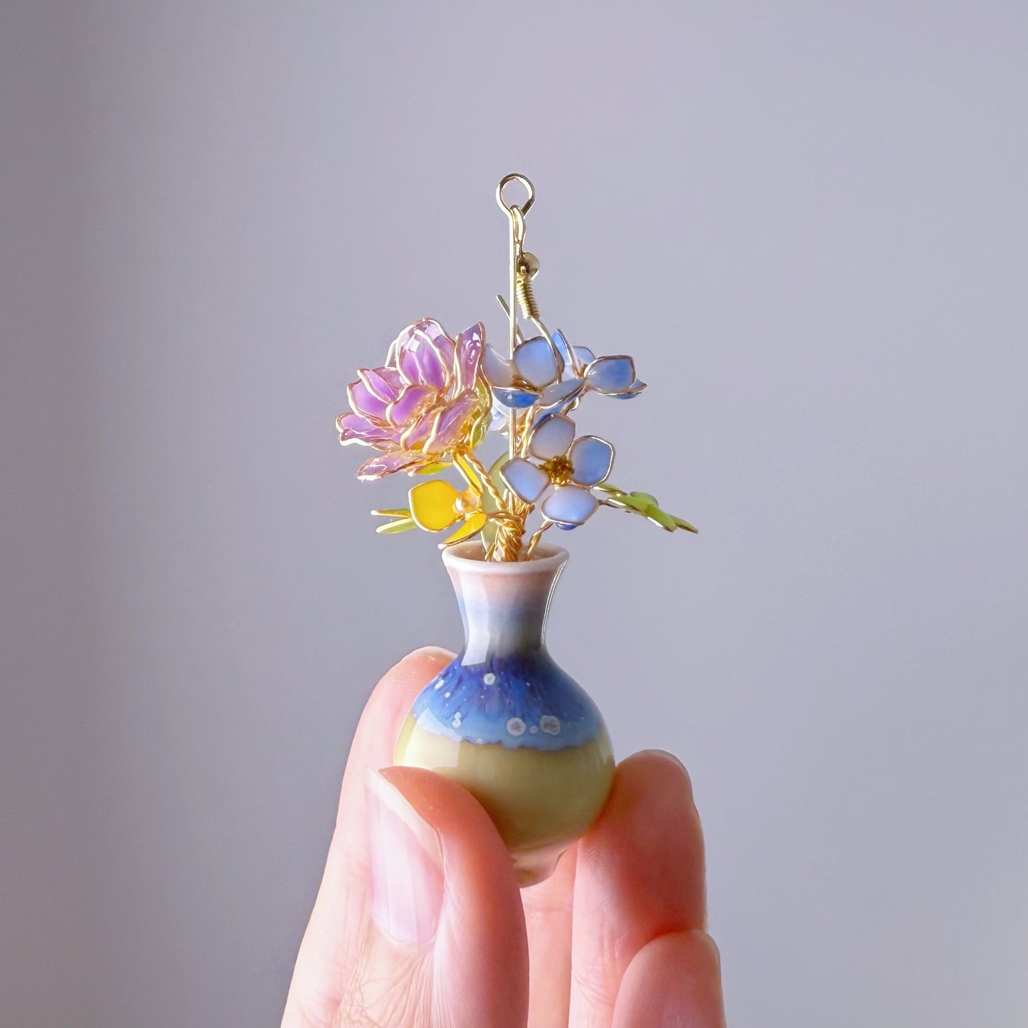 Handmade Purple Roses and Hydrangeas Flowers in Ceramic Vase Earrings