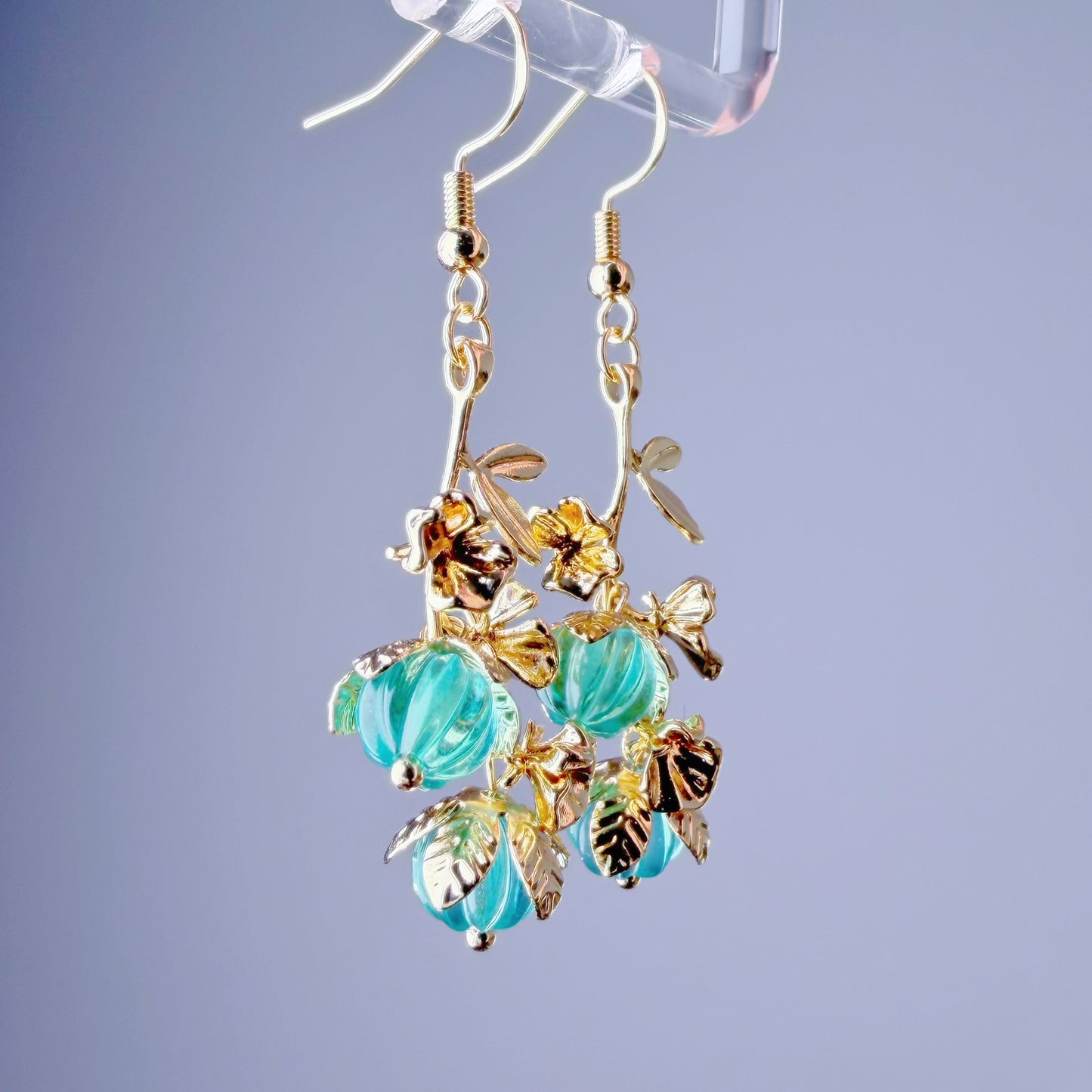 Handmade Green Quartz Crystal Pumpkin on Vine Dangle Earrings