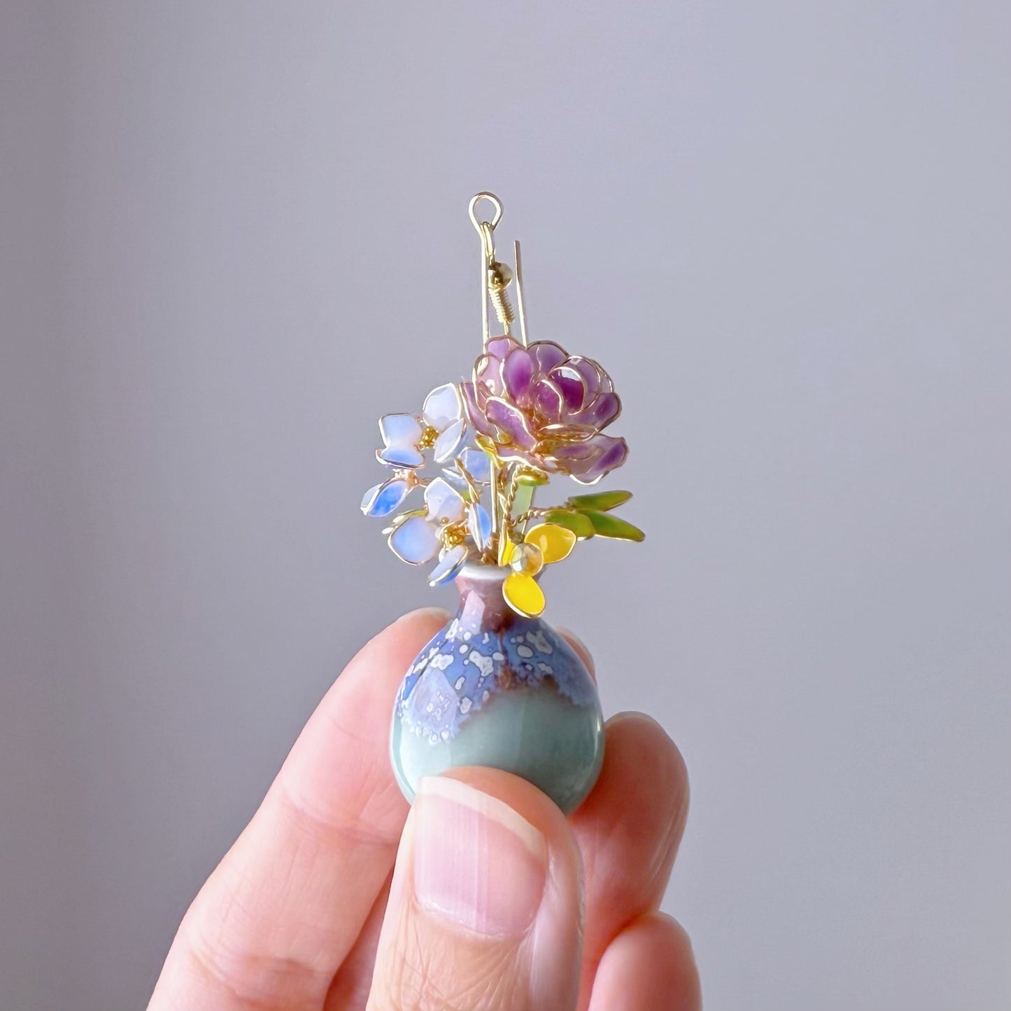 Handmade Purple Roses and Hydrangeas Flowers in Ceramic Vase Earrings