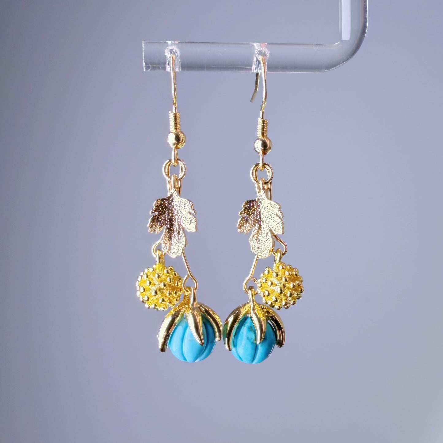 Handmade Blue Magnesite Pumpkin and Leaves Dangle Earrings