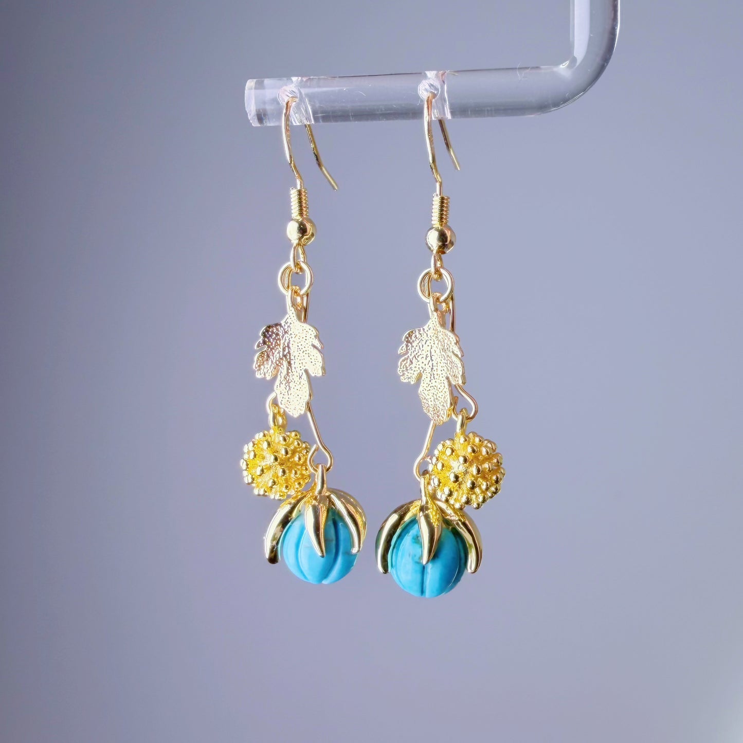 Handmade Blue Magnesite Pumpkin and Leaves Dangle Earrings