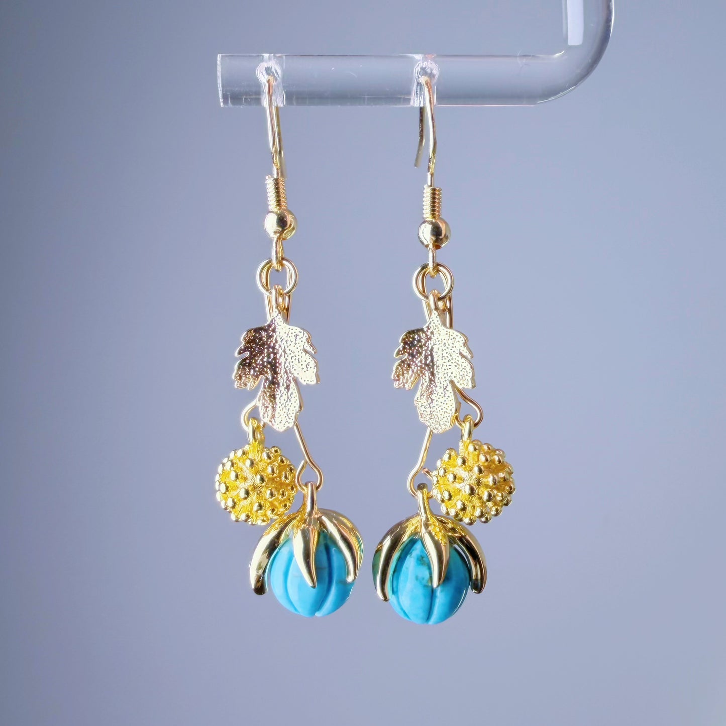 Handmade Blue Magnesite Pumpkin and Leaves Dangle Earrings