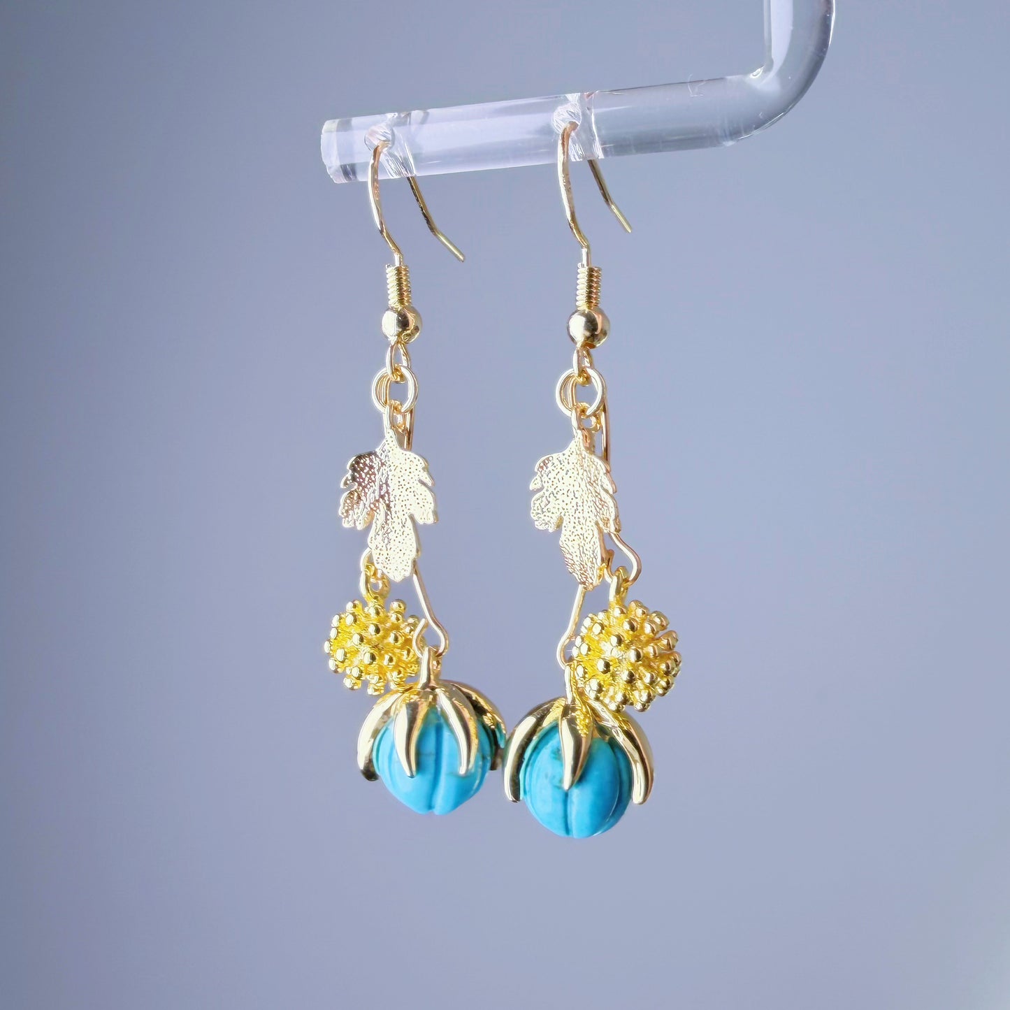 Handmade Blue Magnesite Pumpkin and Leaves Dangle Earrings