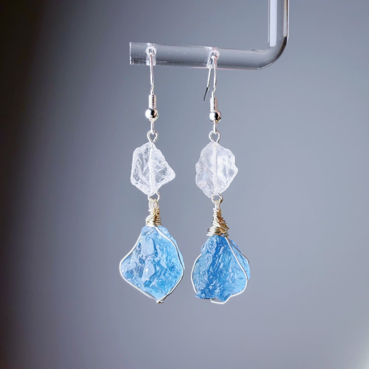 Quartzberry - Natural Blue Aquamarine Clear Quartz Crystal Drop Shape Wire Wrapped Earrings - One-of-a-kind
