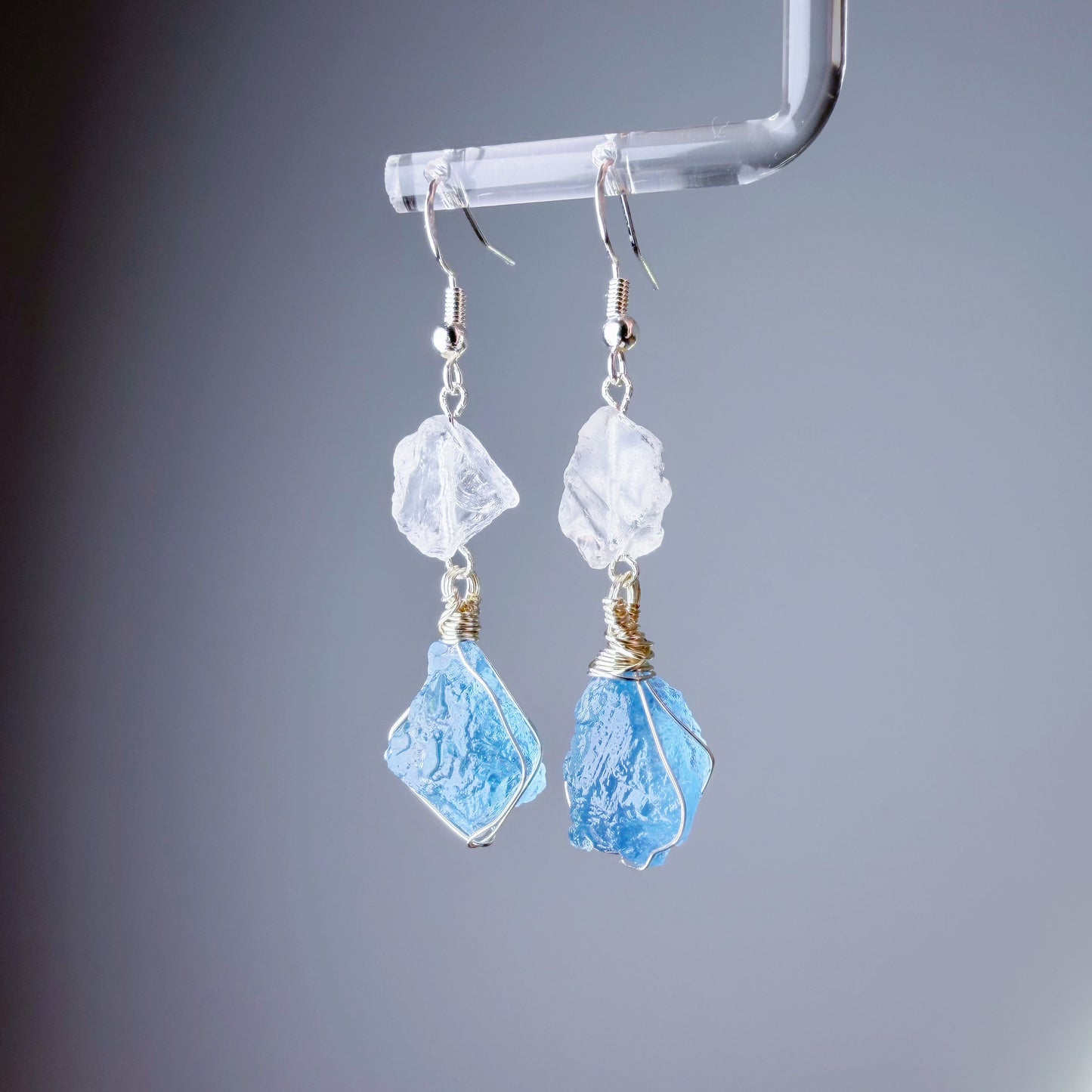 Quartzberry - Natural Blue Aquamarine Clear Quartz Crystal Drop Shape Wire Wrapped Earrings - One-of-a-kind