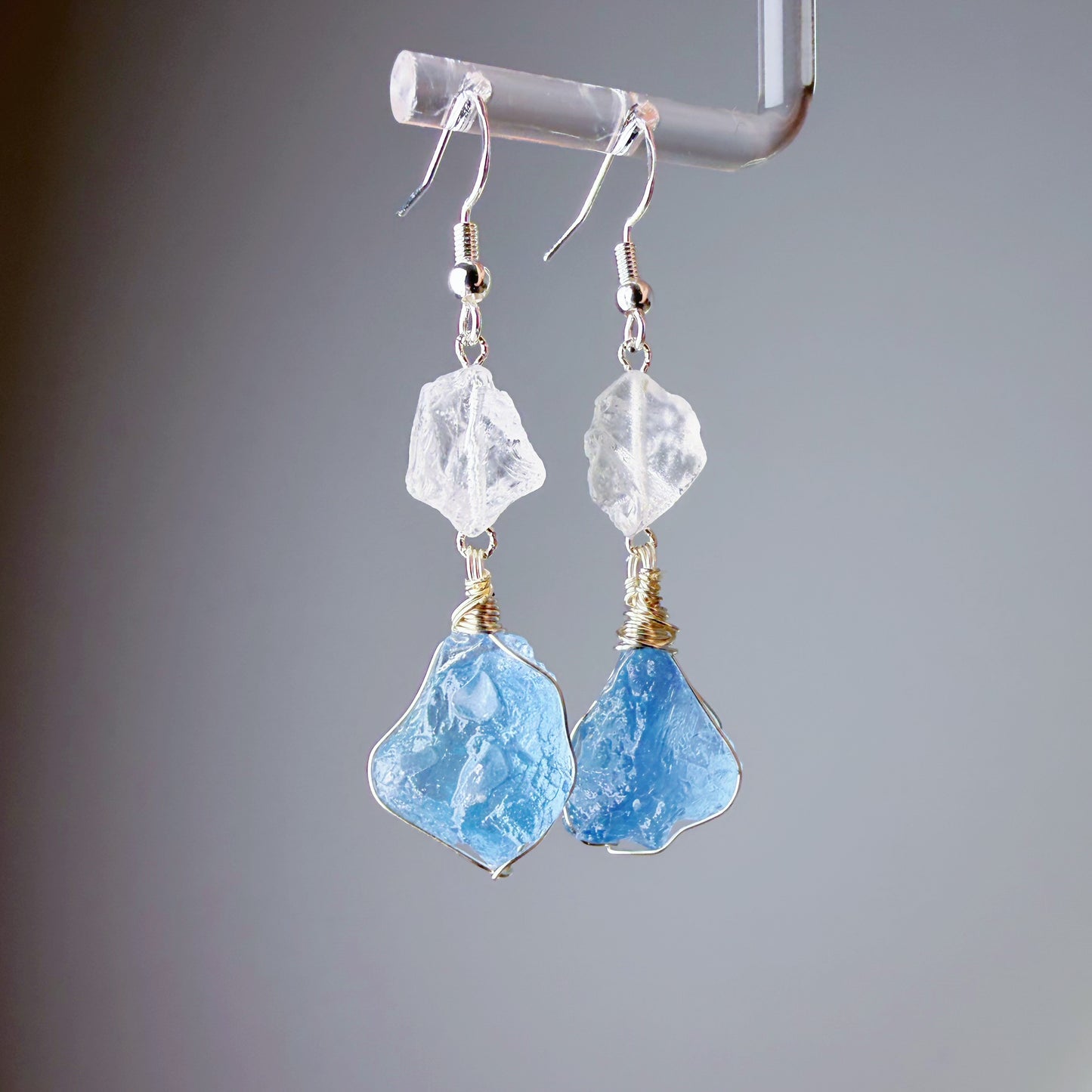 Quartzberry - Natural Blue Aquamarine Clear Quartz Crystal Drop Shape Wire Wrapped Earrings - One-of-a-kind