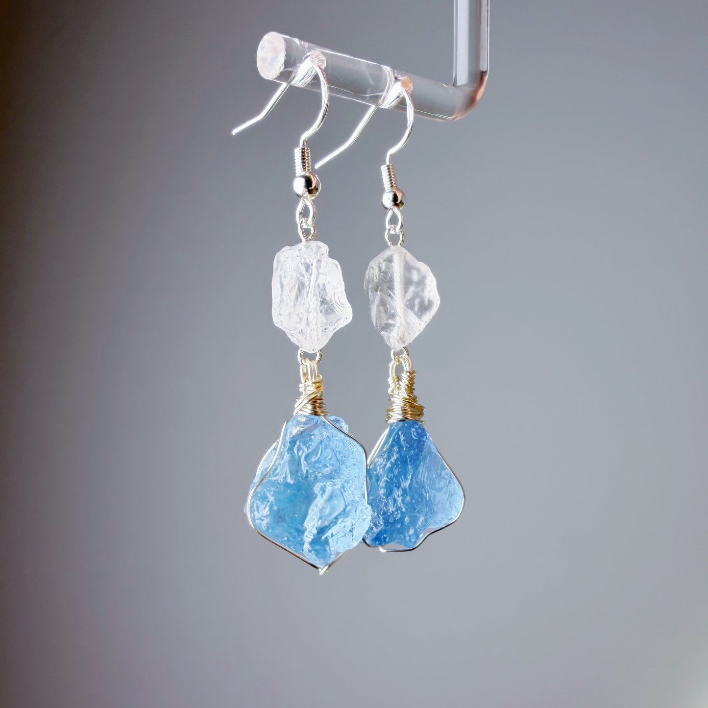 Quartzberry - Natural Blue Aquamarine Clear Quartz Crystal Drop Shape Wire Wrapped Earrings - One-of-a-kind