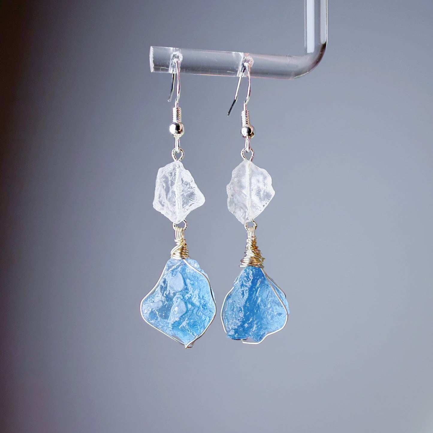 Quartzberry - Natural Blue Aquamarine Clear Quartz Crystal Drop Shape Wire Wrapped Earrings - One-of-a-kind