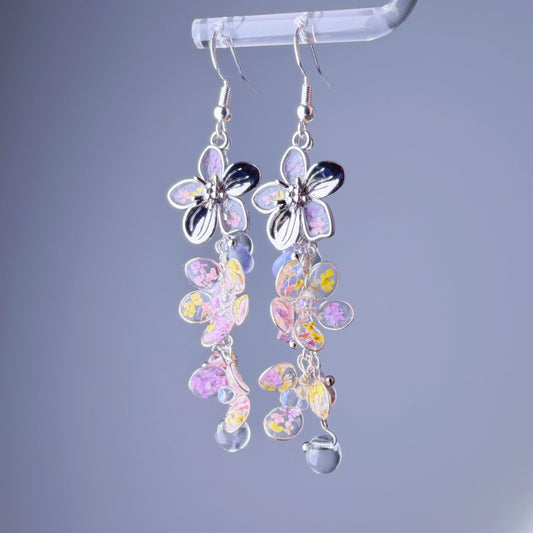 Handmade Silver Pressed Flowers Cherry Blossom Sakura Dangle Earrings