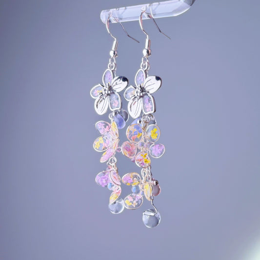 Handmade Silver Pressed Flowers Cherry Blossom Sakura Dangle Earrings