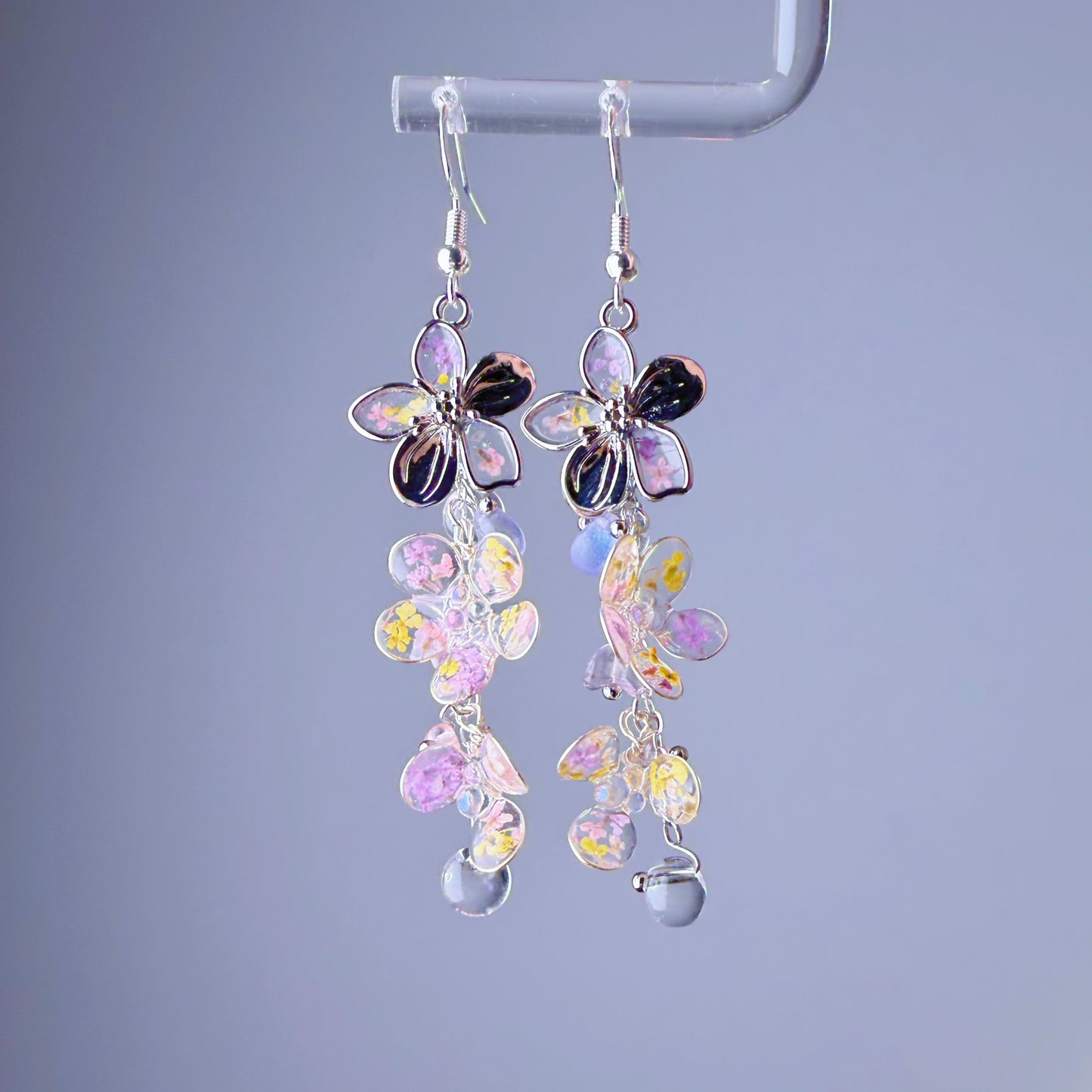 Handmade Silver Pressed Flowers Cherry Blossom Sakura Dangle Earrings