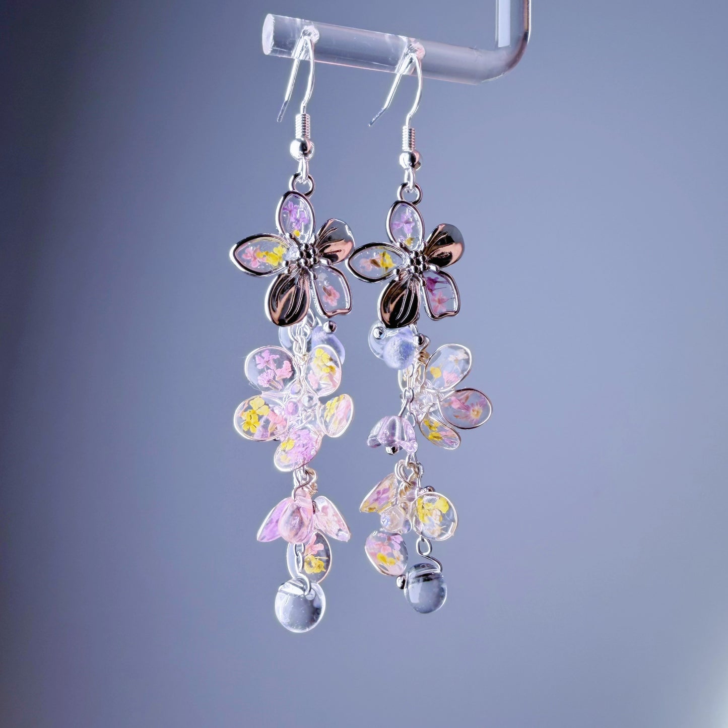 Handmade Silver Pressed Flowers Cherry Blossom Sakura Dangle Earrings