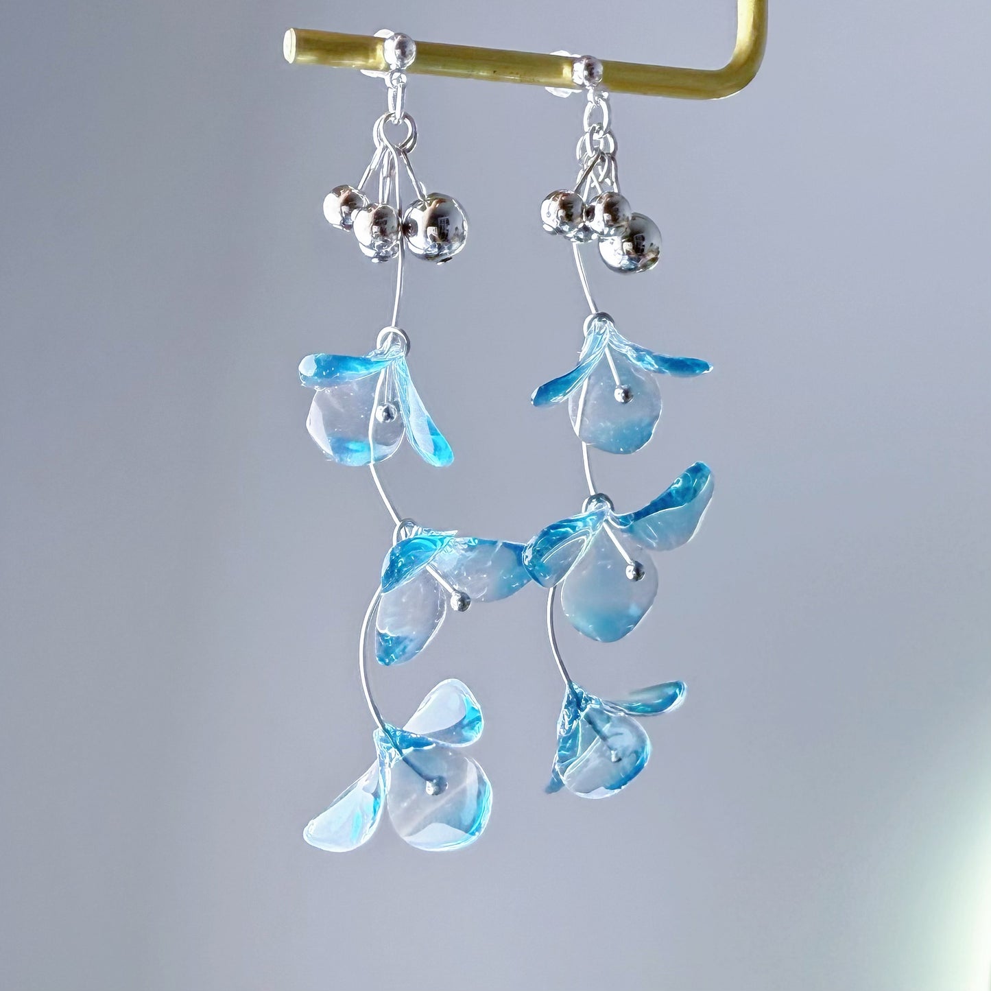 Handmade Clear Ice Blue Gentian Flowers Earrings