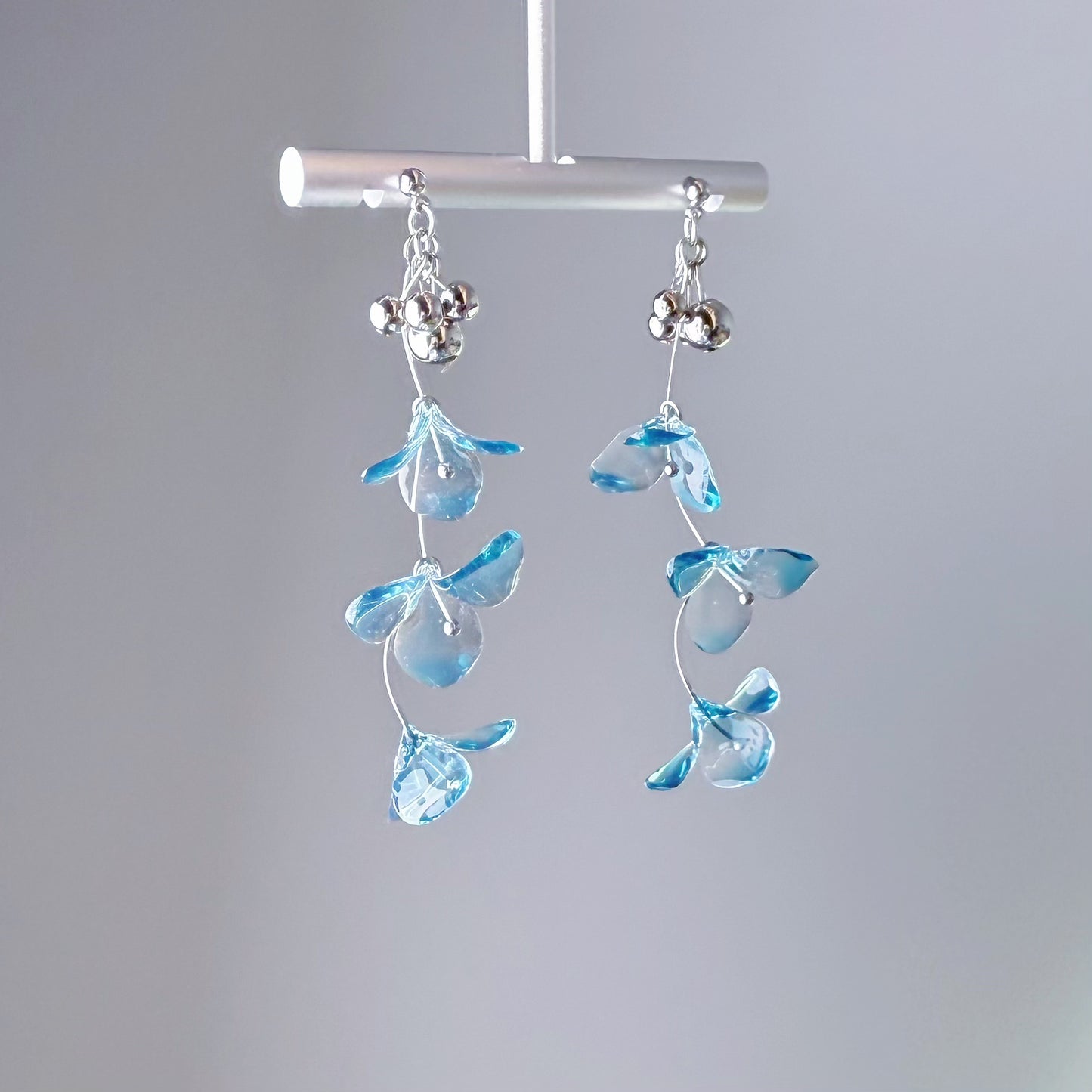 Handmade Clear Ice Blue Gentian Flowers Earrings