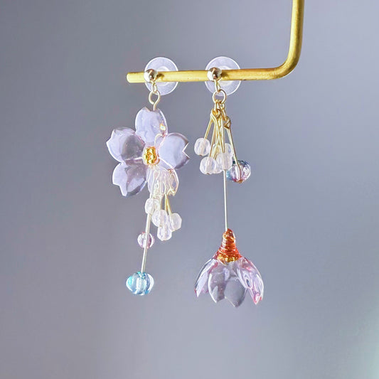 Handmade Clear Ice Pink Sakura Cherry Blossom Flowers Earrings