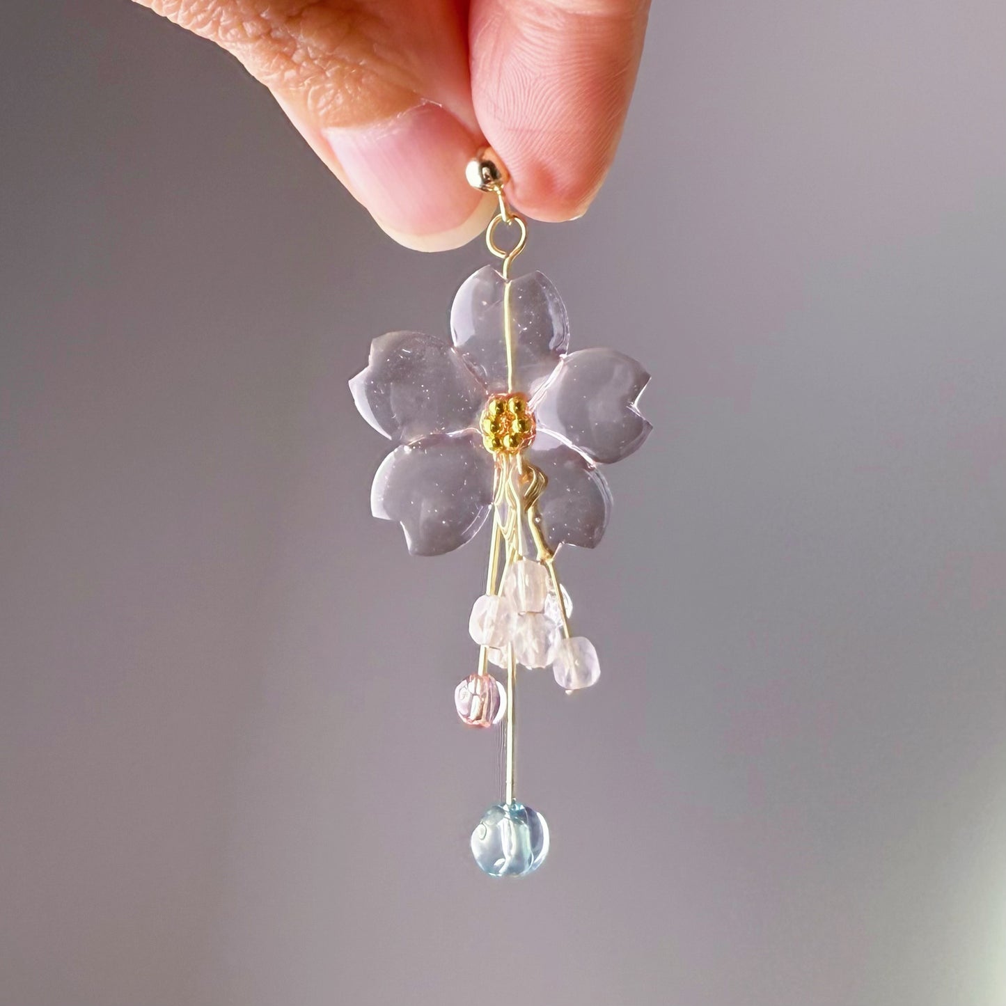 Handmade Clear Ice Pink Sakura Cherry Blossom Flowers Earrings