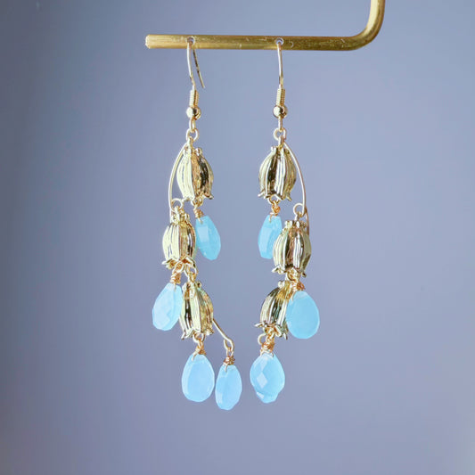 Handmade Lily of the Valley Flowers Baby Blue Faceted Chalcedony Crystal Teardrop Earrings
