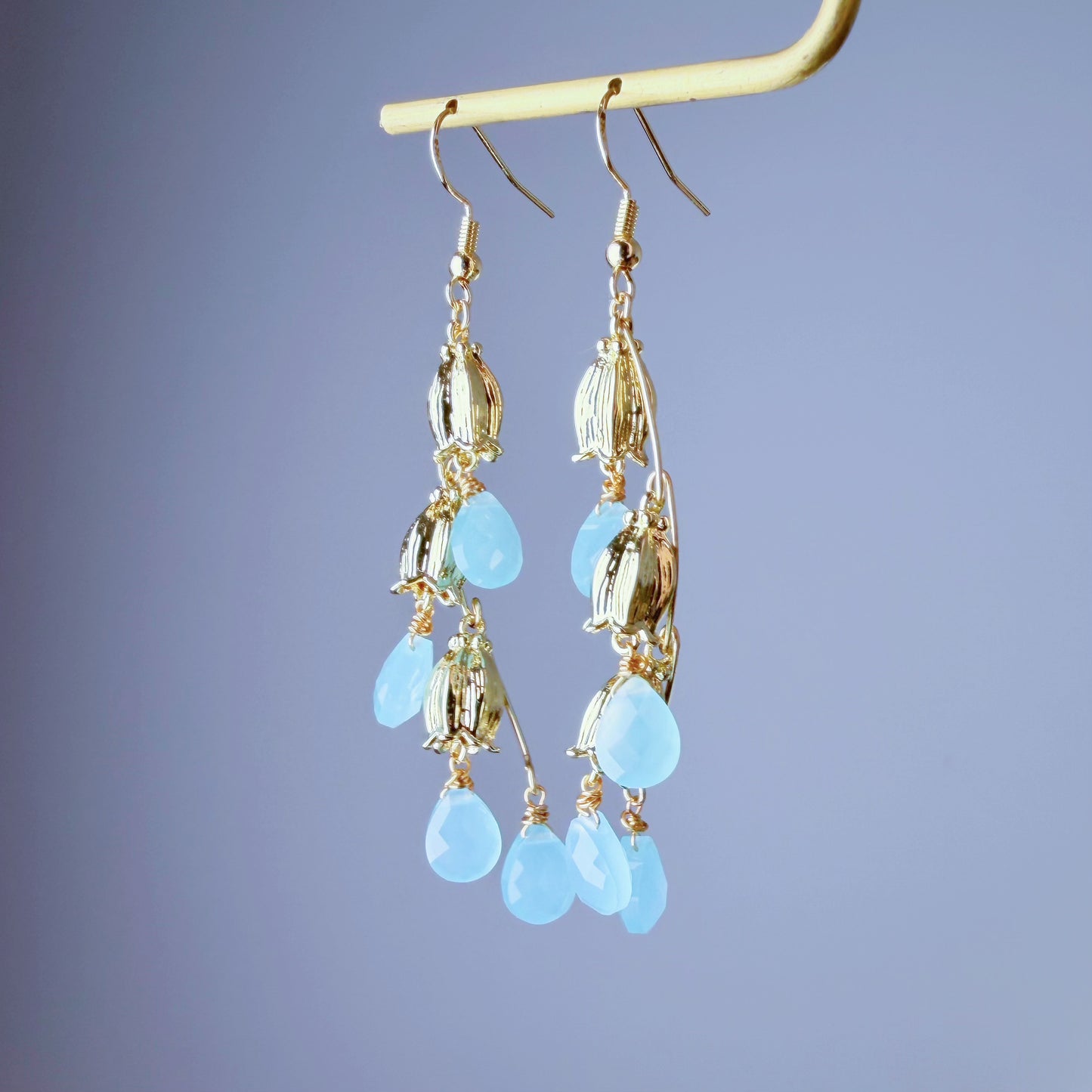 Handmade Lily of the Valley Flowers Baby Blue Faceted Chalcedony Crystal Teardrop Earrings