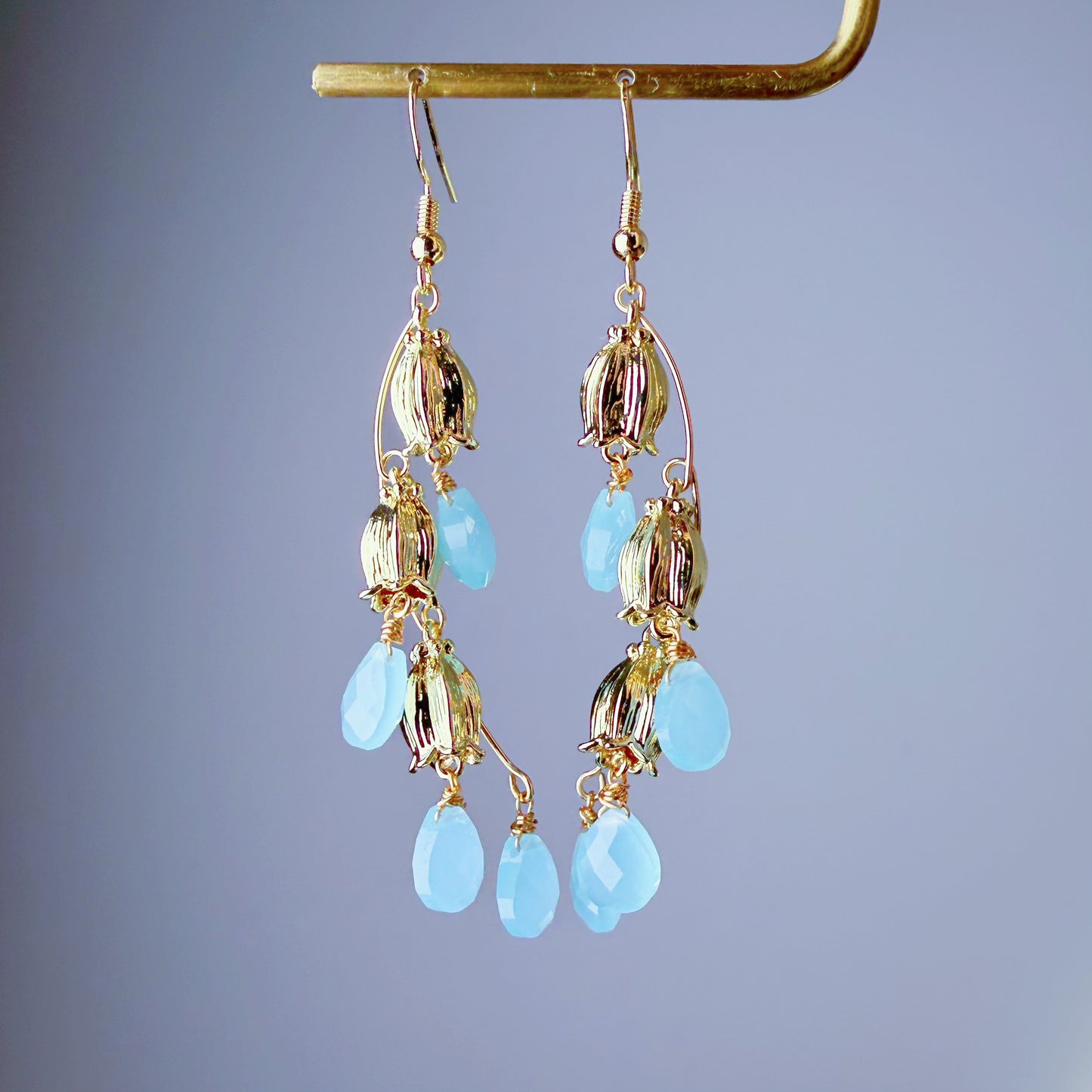 Handmade Lily of the Valley Flowers Baby Blue Faceted Chalcedony Crystal Teardrop Earrings