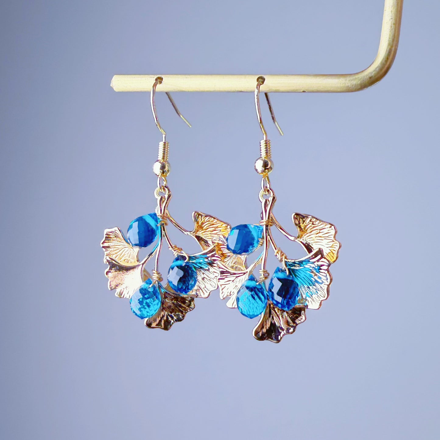 Handmade Golden Ginkgo Leaves and Blue Quartz Crystal Earrings