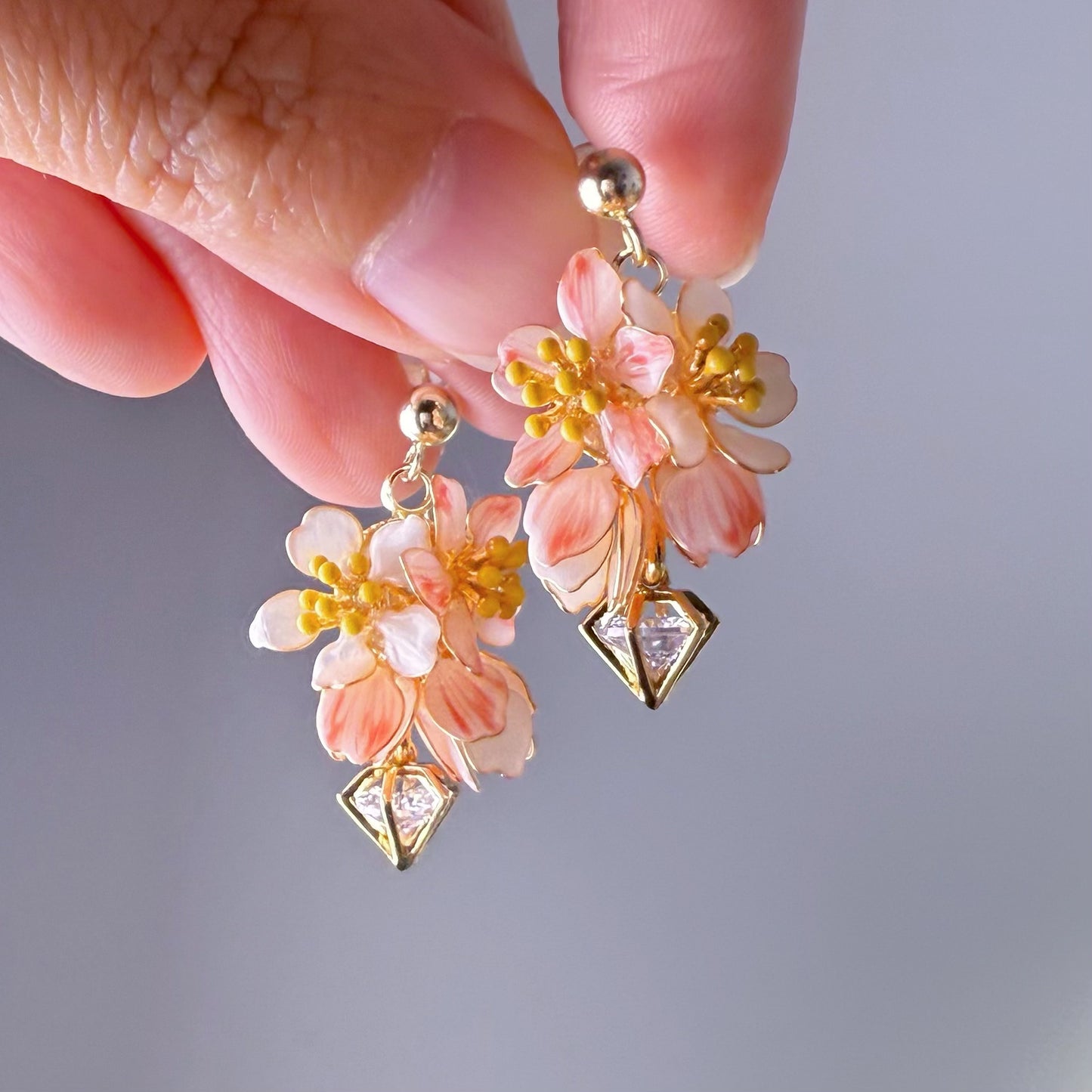 Handmade Cherry Blossom Pink Sakura Flowers Drop Earrings
