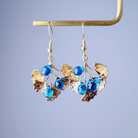 Handmade Golden Ginkgo Leaves and Blue Quartz Crystal Earrings