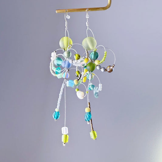 Handmade Bee Loops Green Glass Beads Drop Earrings