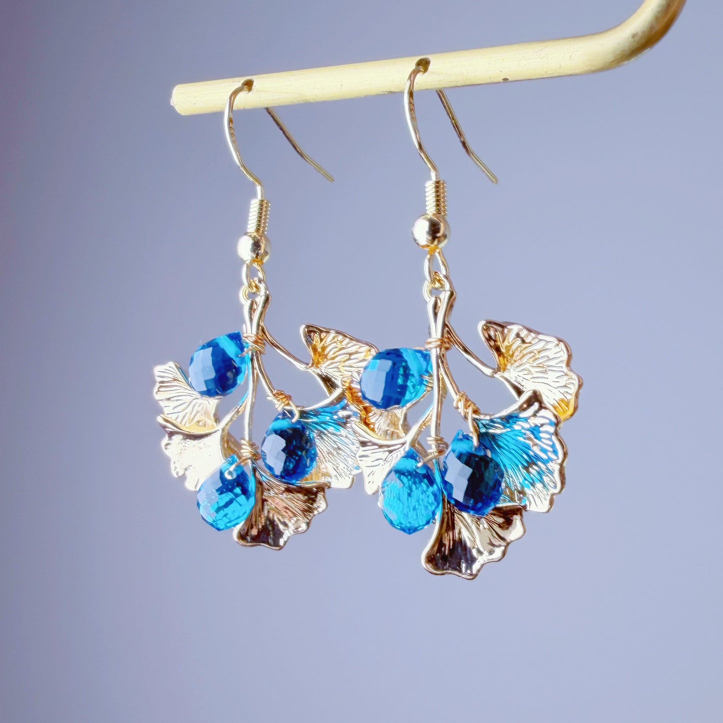 Handmade Golden Ginkgo Leaves and Blue Quartz Crystal Earrings
