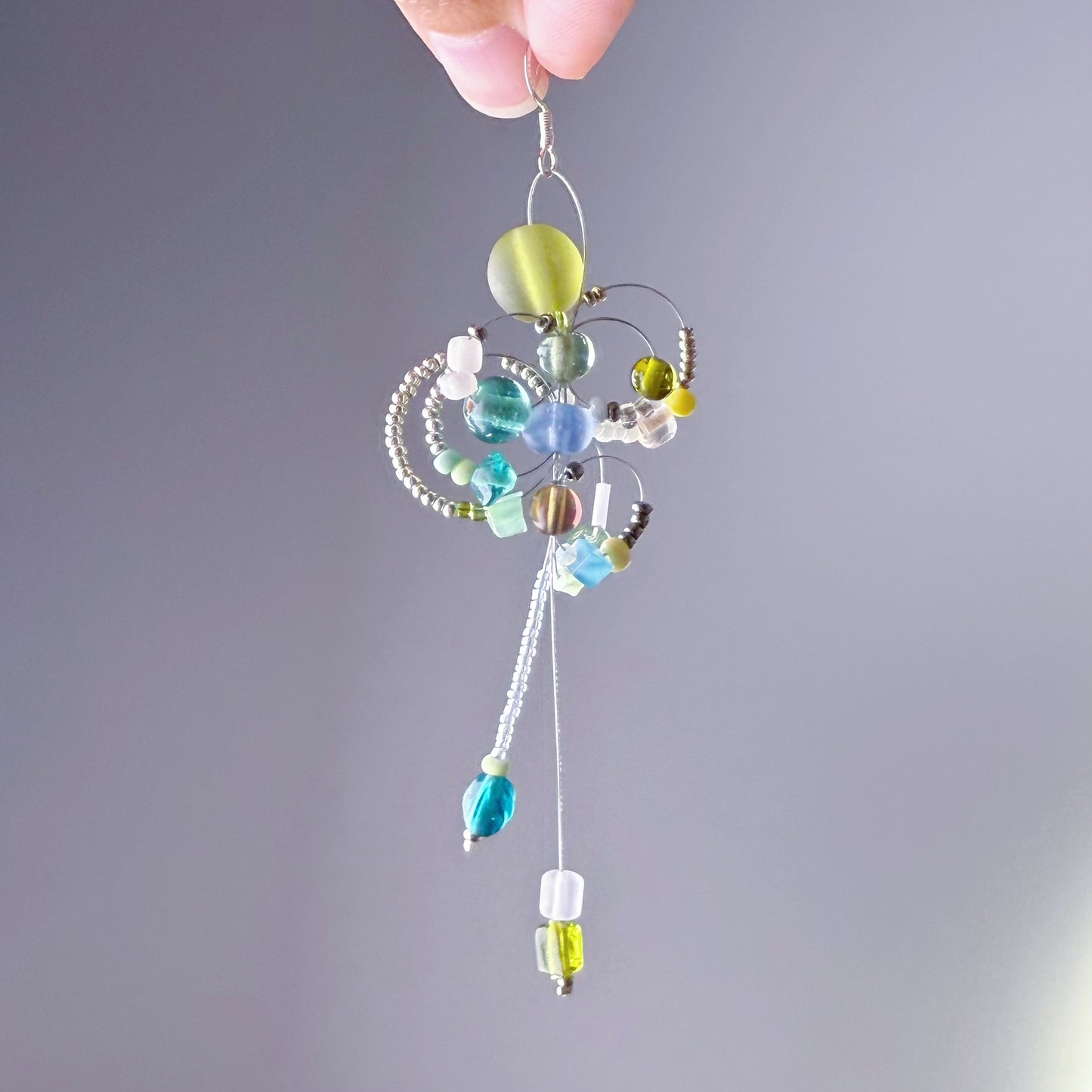 Handmade Bee Loops Green Glass Beads Drop Earrings