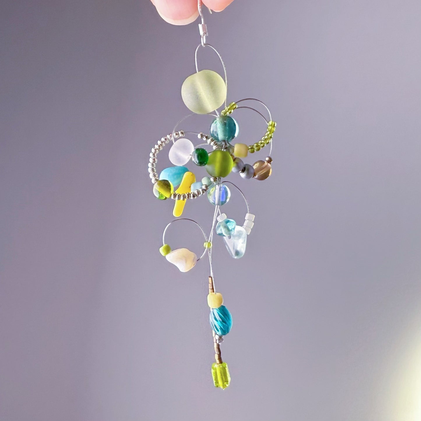Handmade Bee Loops Green Glass Beads Drop Earrings