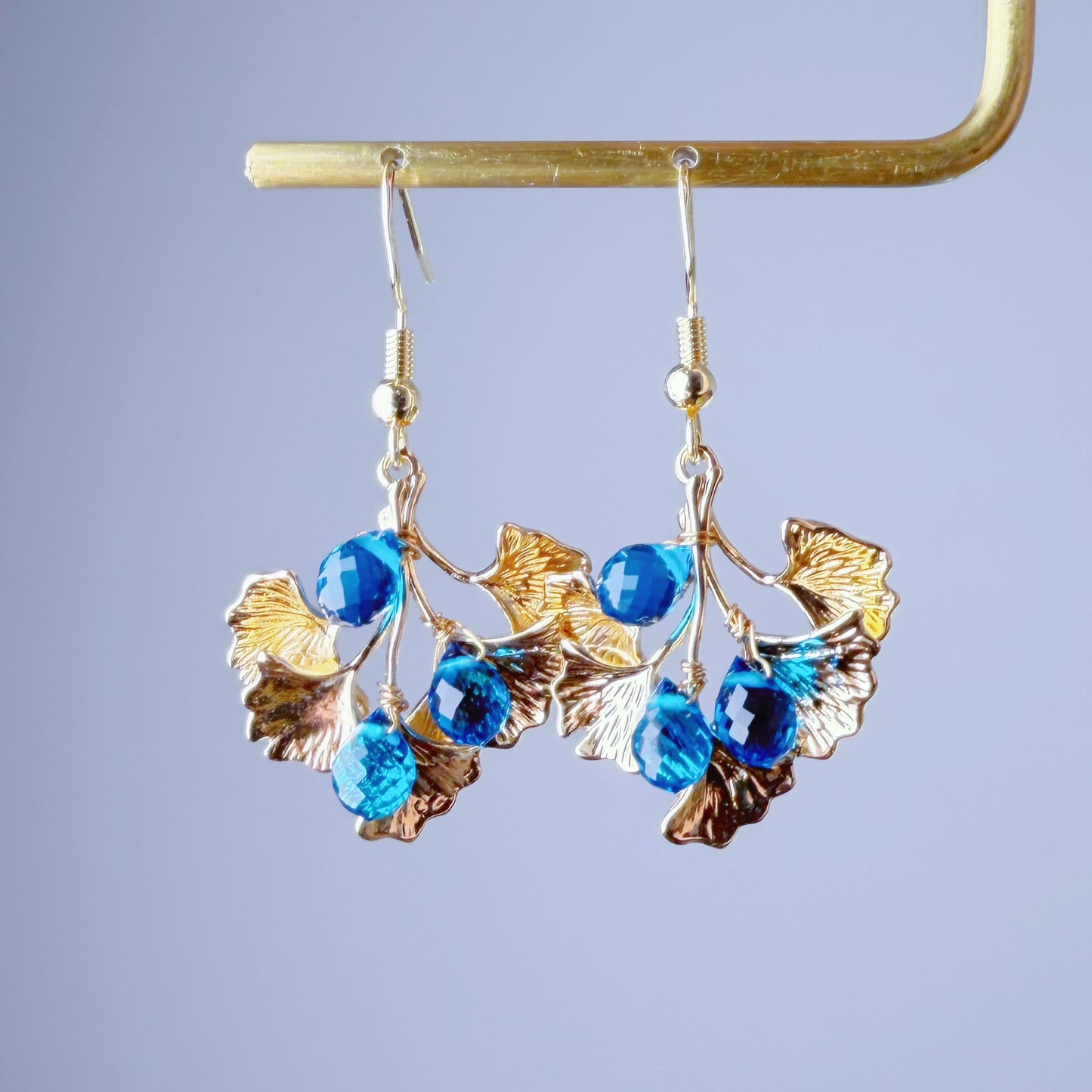 Handmade Golden Ginkgo Leaves and Blue Quartz Crystal Earrings