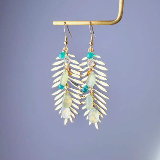 Handmade Golden Tropical Plant Leaves and Prehnite Teardrops Earrings