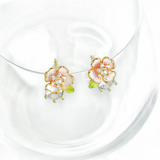 Pink Flower and water drop Earrings