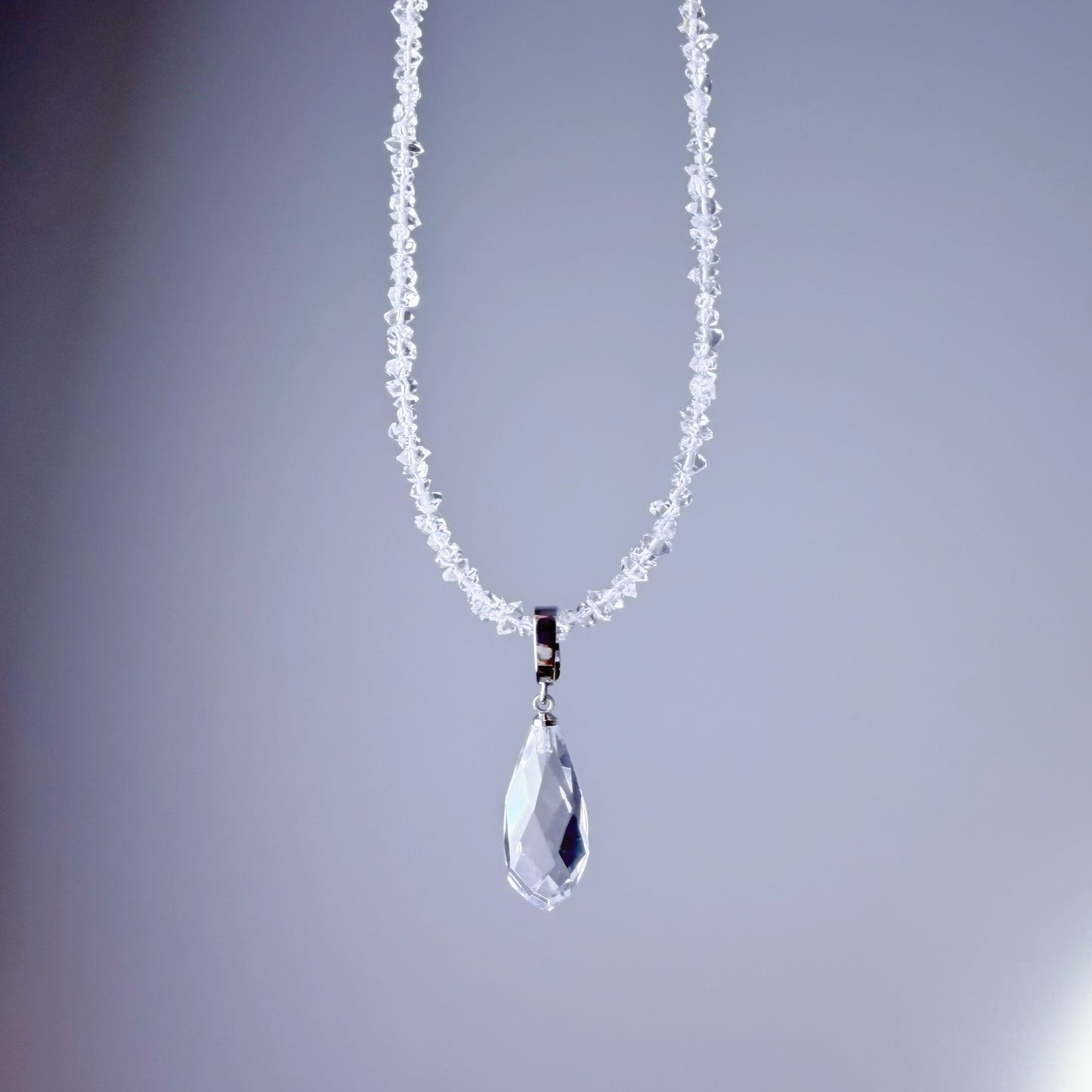 Clear Quartz Crystal Teardrop Pendant and Herkimer Diamond Beaded Necklace